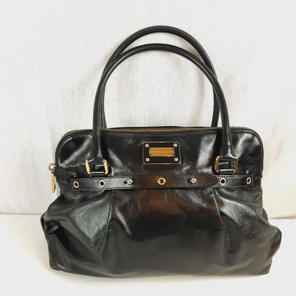 Marc Jacobs Black Leather Large Satchel Italian Made Top Handle Shoulder Bag